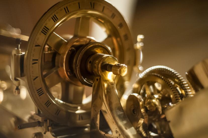 Detail Shot of Antique Instrument in the Arial Collection with brass circular fittings and gears