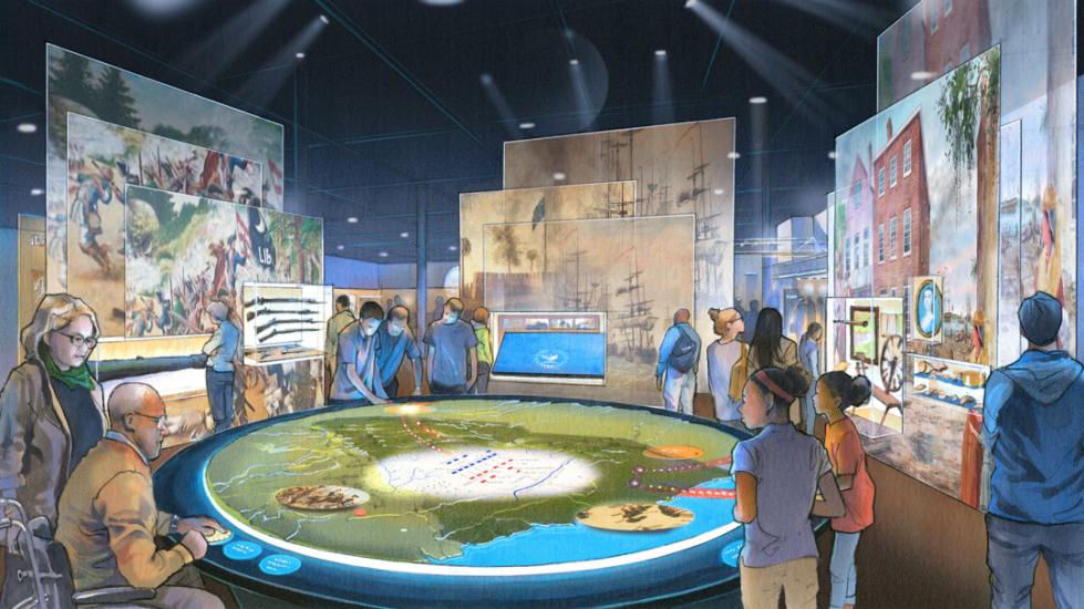 Colorful drawing depicts guest around a projection table showing a map of revolutionary war battles