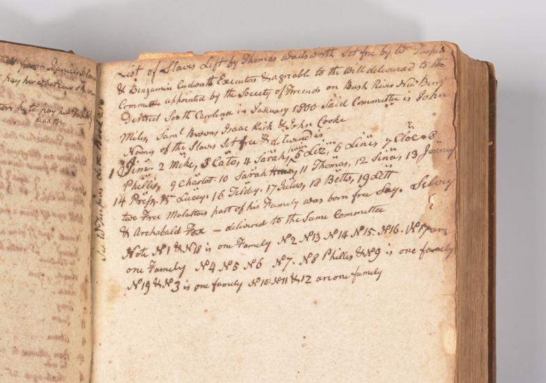 Yellowed page from old book with handwritten text that reads "List of Slaves Left by Thomas Wadsworth set free by Wm Turpin" followed by a list of names for persons emancipated.