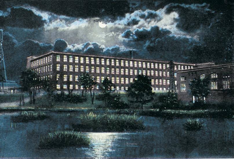 Illustration of large rectangular brick building at night with four floors and windows stretching end to end. The Columbia Canal is visible in the foreground of the illustration.