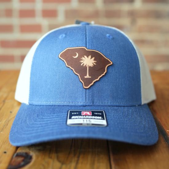 Baseball Cap with Denim Blue Front and Brown Leather SC Shaped Patch with Palmetto and Crescent