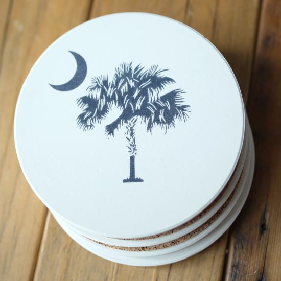 Ceramic Coaster in Stone Color with Blue Palmetto and Crescent