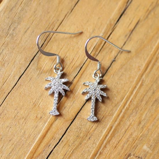 Palmetto Tree Silver and Diamonte Earrings