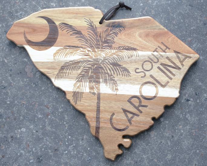 Wooden Cutting Board in the Shape of SC with Branded Palmetto and Crescent with the Words South Carolina Along the Side