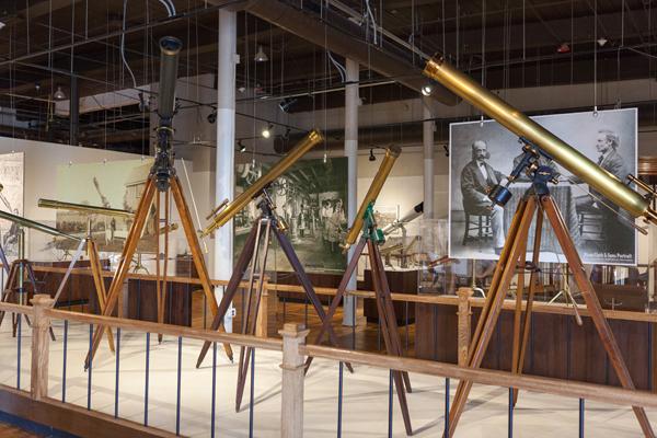 Row of antique telescopes on exhibition at the State Museum