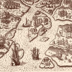 Sepia tone illustrated map of river and land in colonial South Carolina
