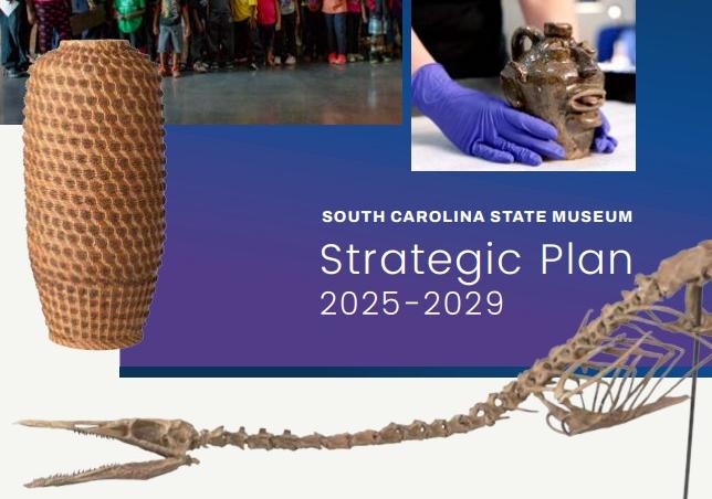 Cover of the South Carolina State Museum’s Strategic Plan 2025–2029. The design features a collage of images, including a group of children with teachers standing in front of colorful wall murals of sea life, a historic painting of palm trees and coastline, gloved hands holding a face jug, a woven basket, and a fossil skeleton of a prehistoric reptile. The title “Strategic Plan 2025–2029” appears in white text on a blue-to-purple gradient background, along with the South Carolina State Museum logo at the bo